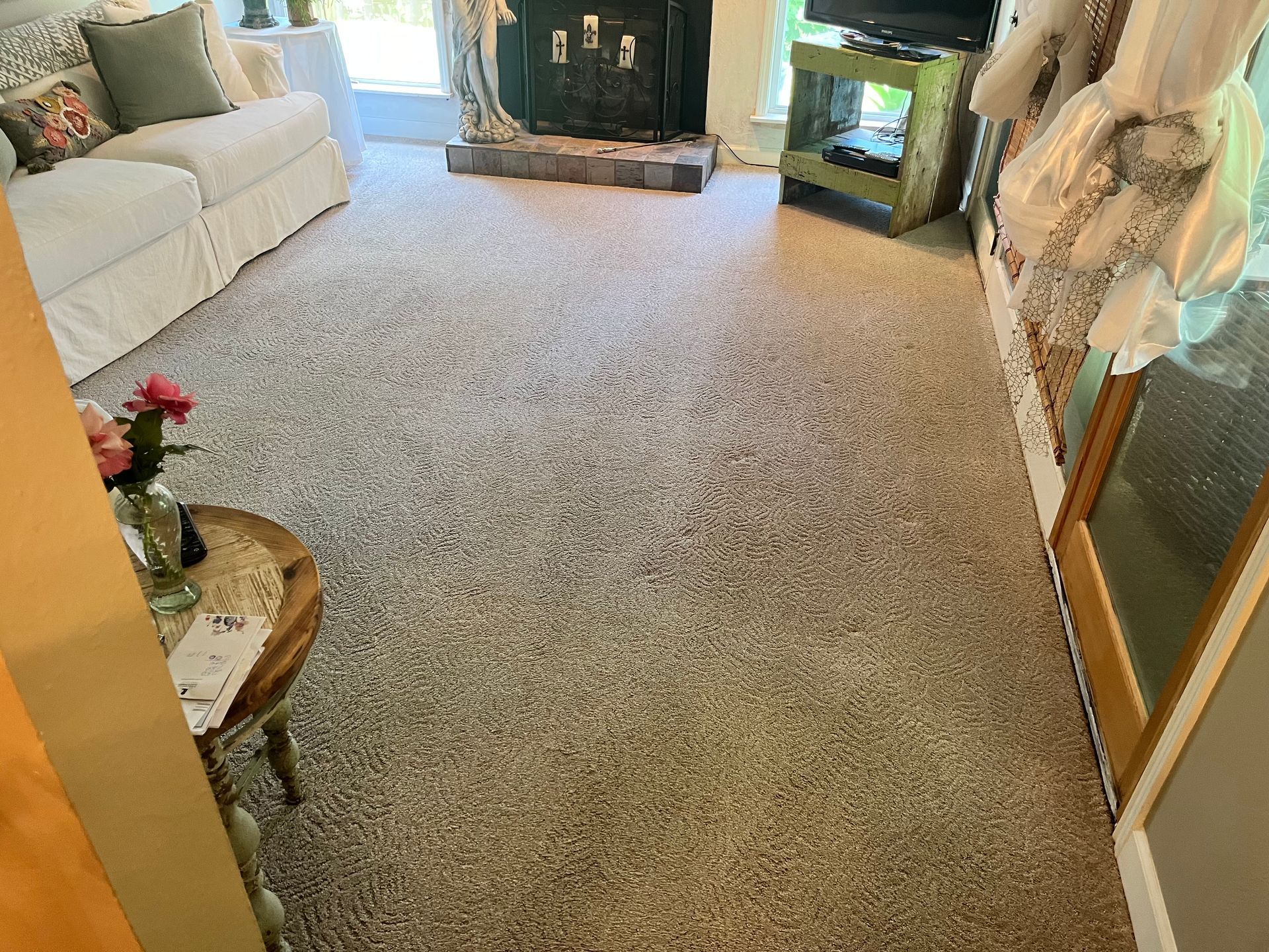 Living room with beige carpet, white sofa, fireplace, and a glass fish tank by the wall.