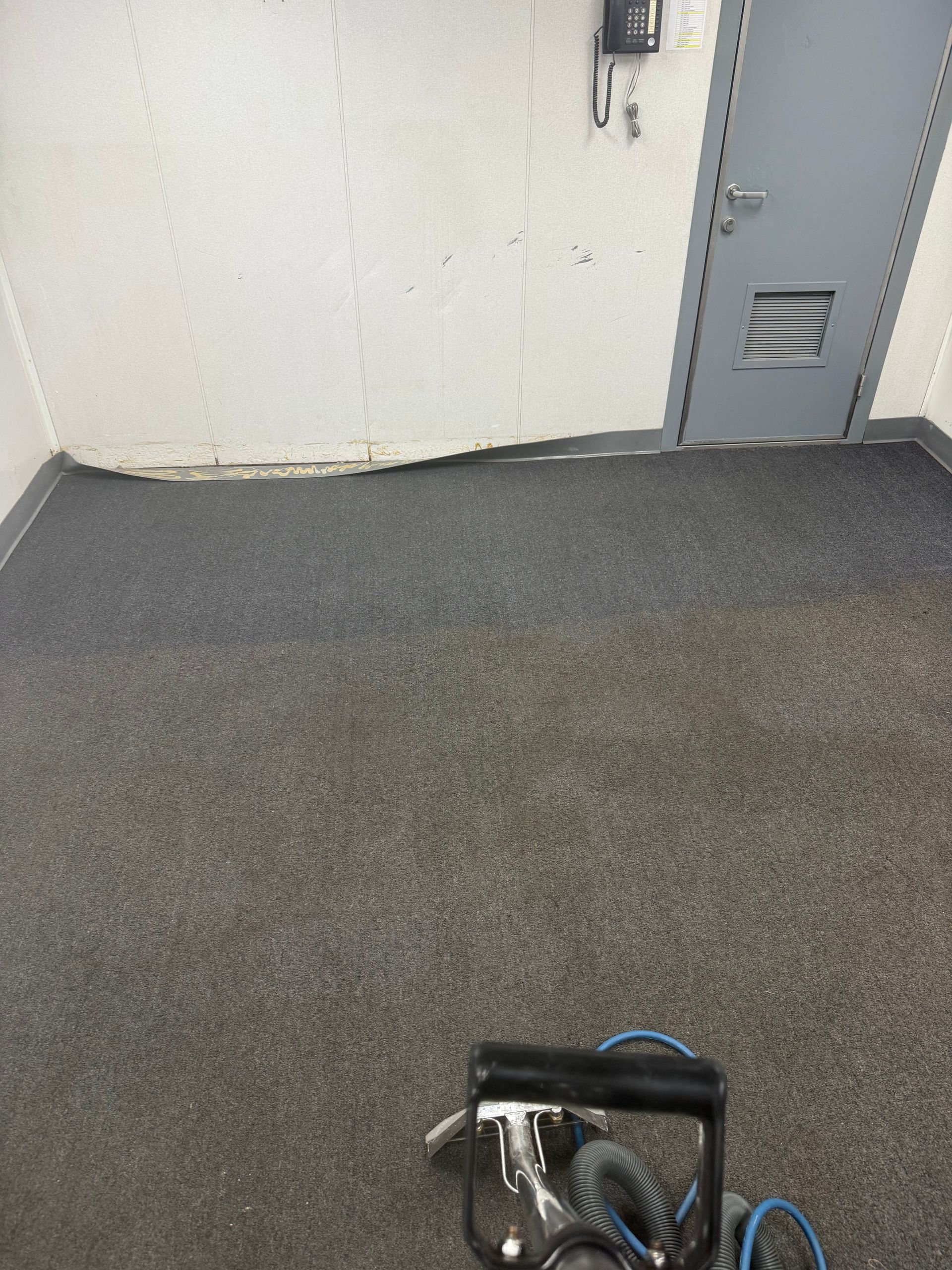 Gray carpeted room with white wall, gray locker, and a small black-and-blue device in the foreground
