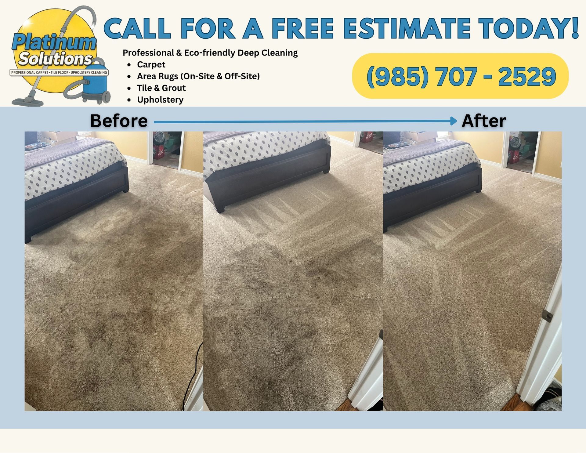 Carpet cleaning ad showing before-and-after photos of a room and a phone number for a free estimate