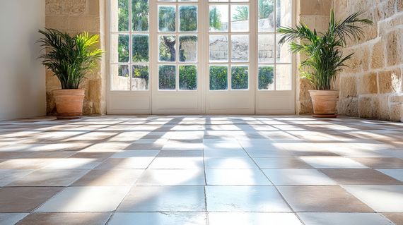 Bright sunlit patio with tiled floor, potted plants, and large glass doors opening to a garden
