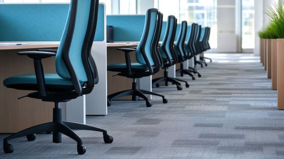 Row of blue office chairs at desks in an empty open-plan workspace