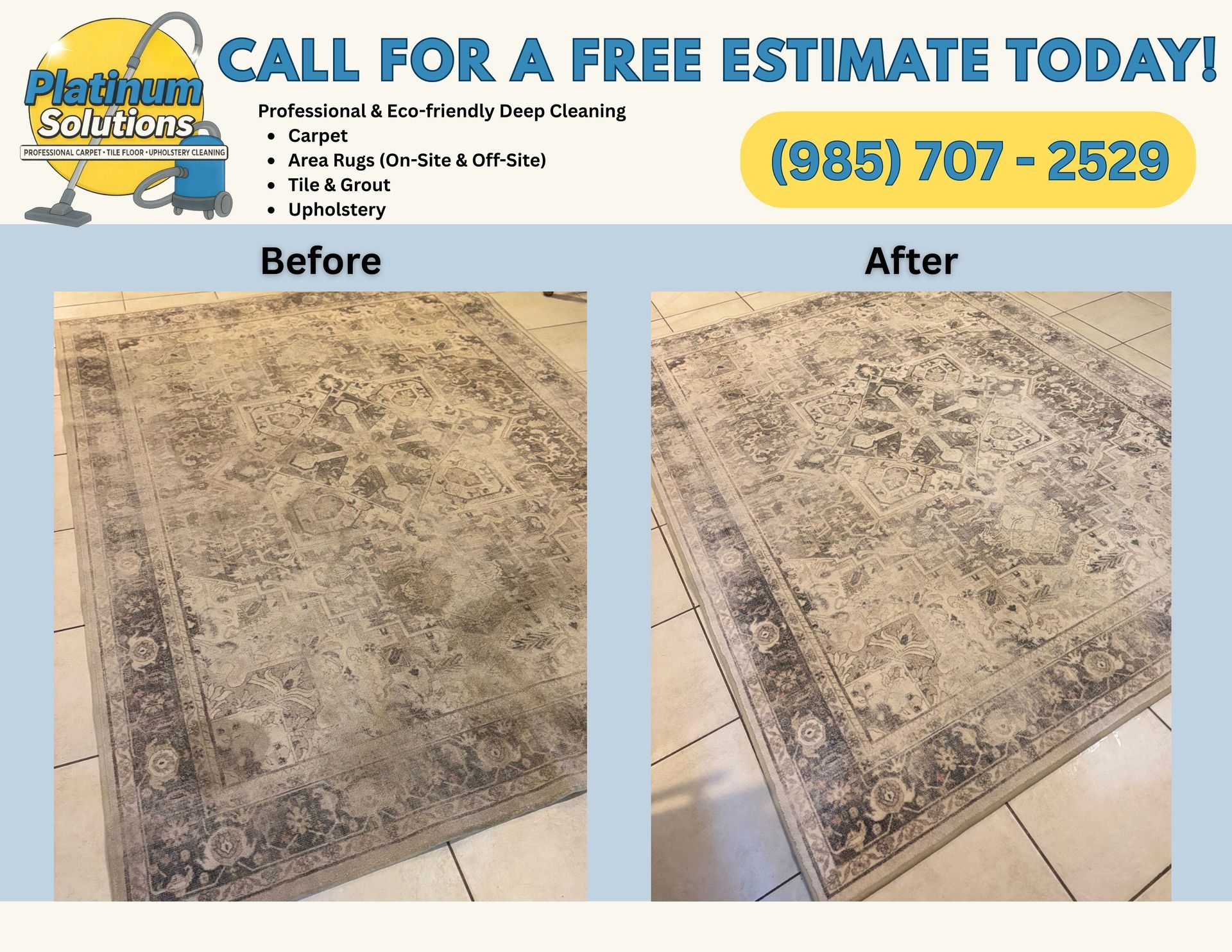 Before-and-after carpet cleaning ad showing a dirty rug on the left and a cleaner rug on the right.