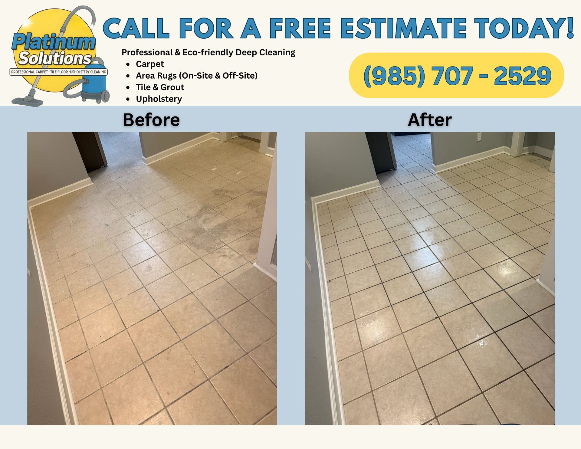 Before-and-after tile floor cleaning showing a dirtier beige floor transformed to a cleaner, shinier surface.
