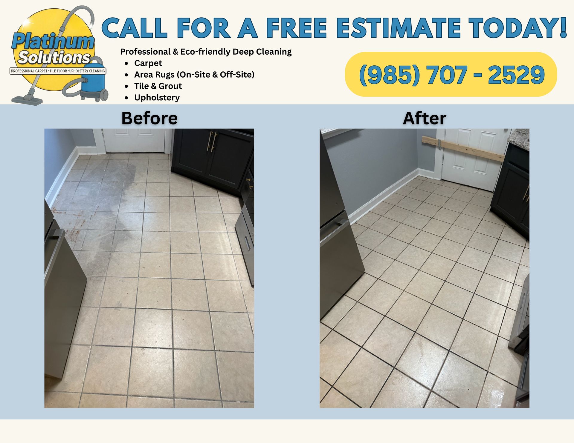 Before-and-after tile floor cleaning in a kitchen, showing a cleaner beige tiled floor