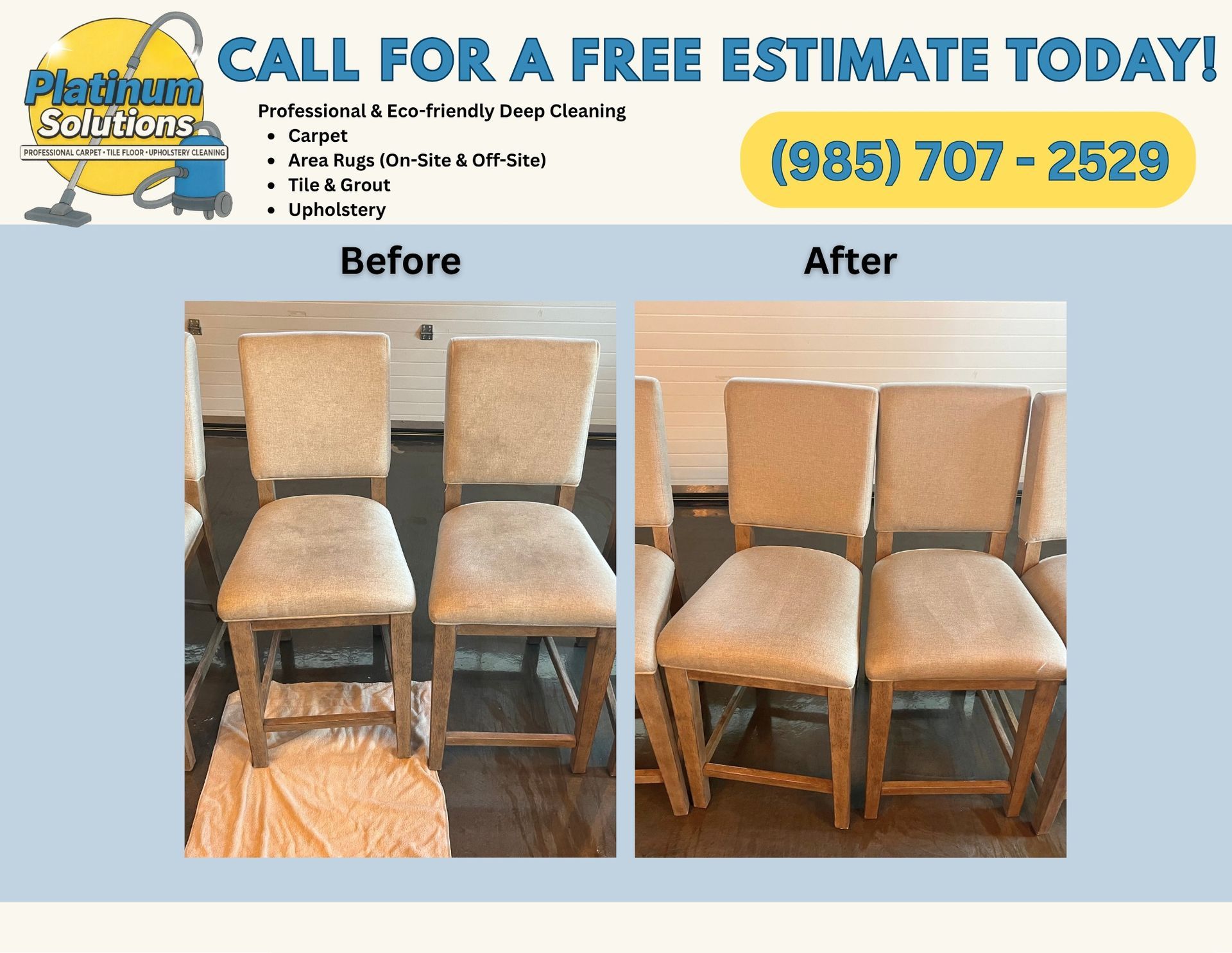 Before-and-after photo of chair upholstery cleaning, showing faded chairs restored to tan and brown.