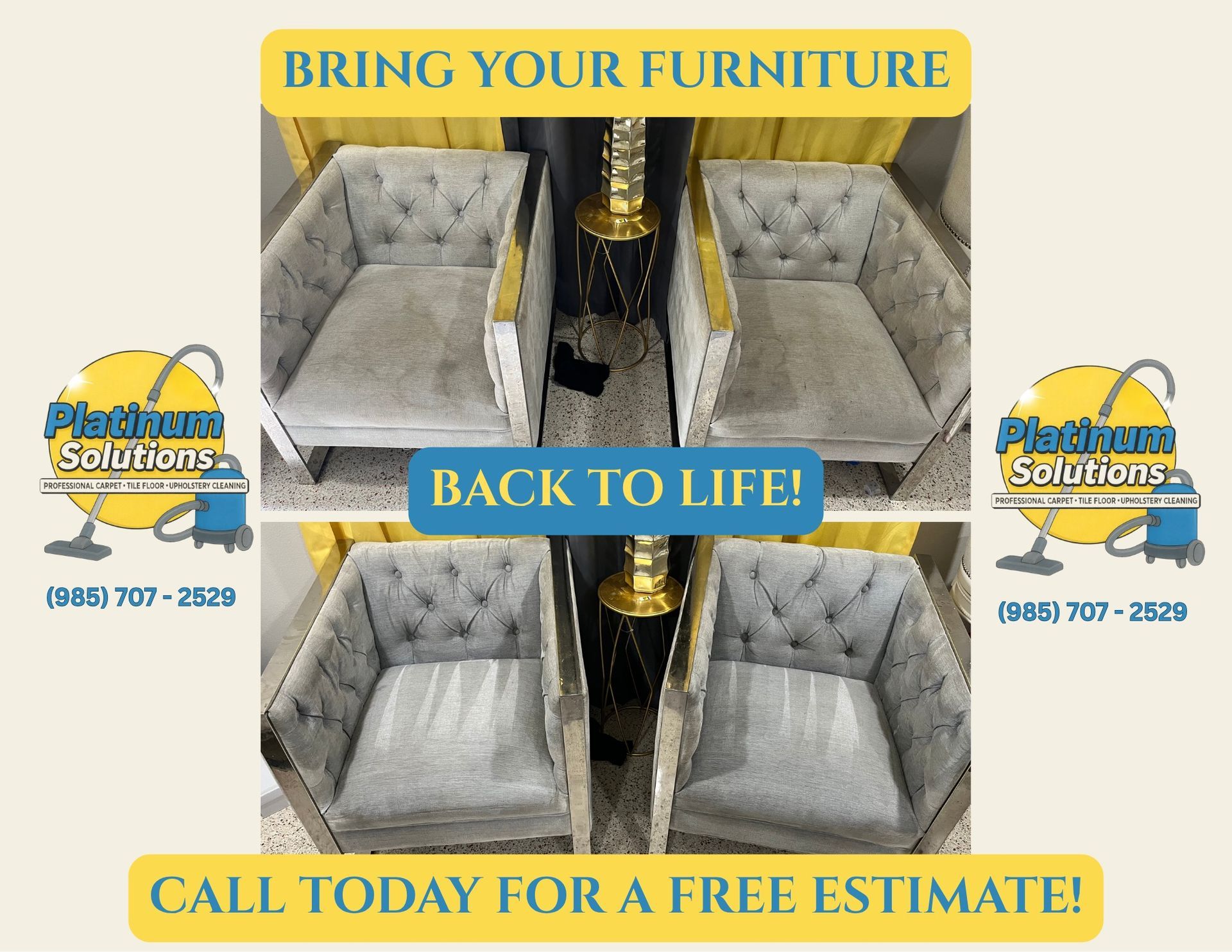 Before-and-after photo of upholstered chairs restored, with “Bring your furniture back to life” and free estimate text
