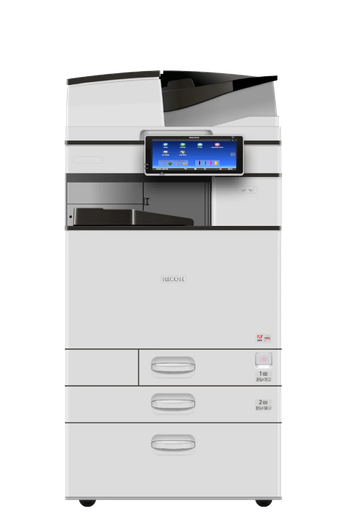 A white printer with a blue screen on top of it on a white background.