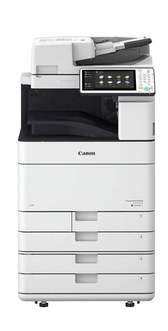 A large white printer with drawers on a white background.