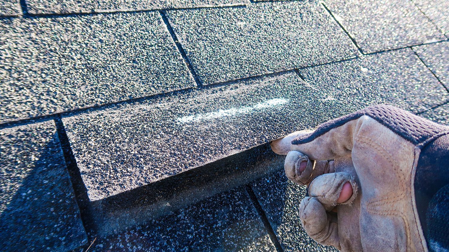 Gloved hand lifting a shingle tab on a roof, revealing the layered asphalt shingles underneath Gloved hand lifting a shingle tab on a roof, revealing the layered asphalt shingles underneath