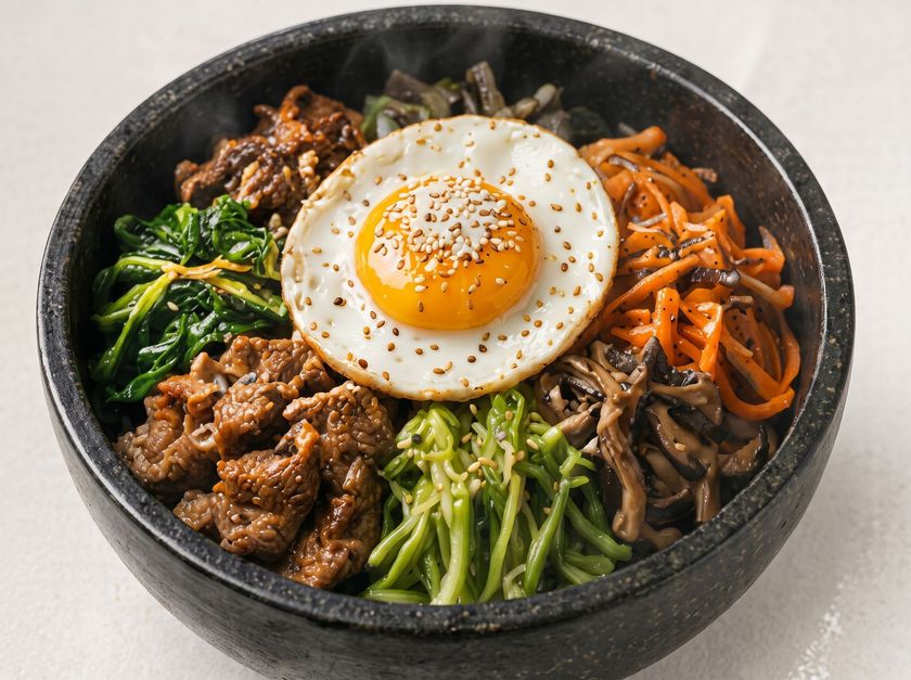 Bibimbap bowl with beef, vegetables, and a fried egg, topped with sesame seeds.