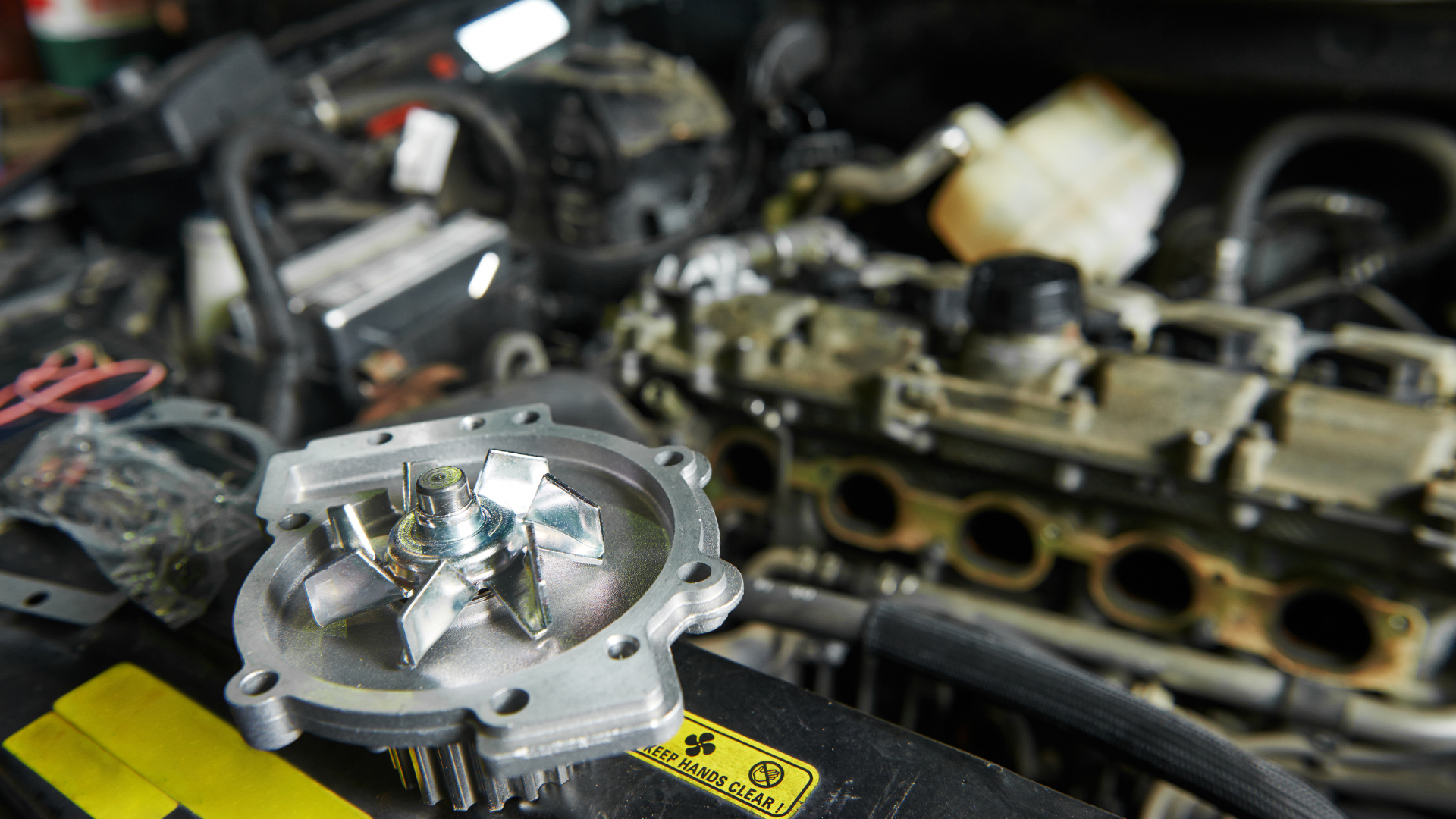 A water pump is sitting on top of a car engine.