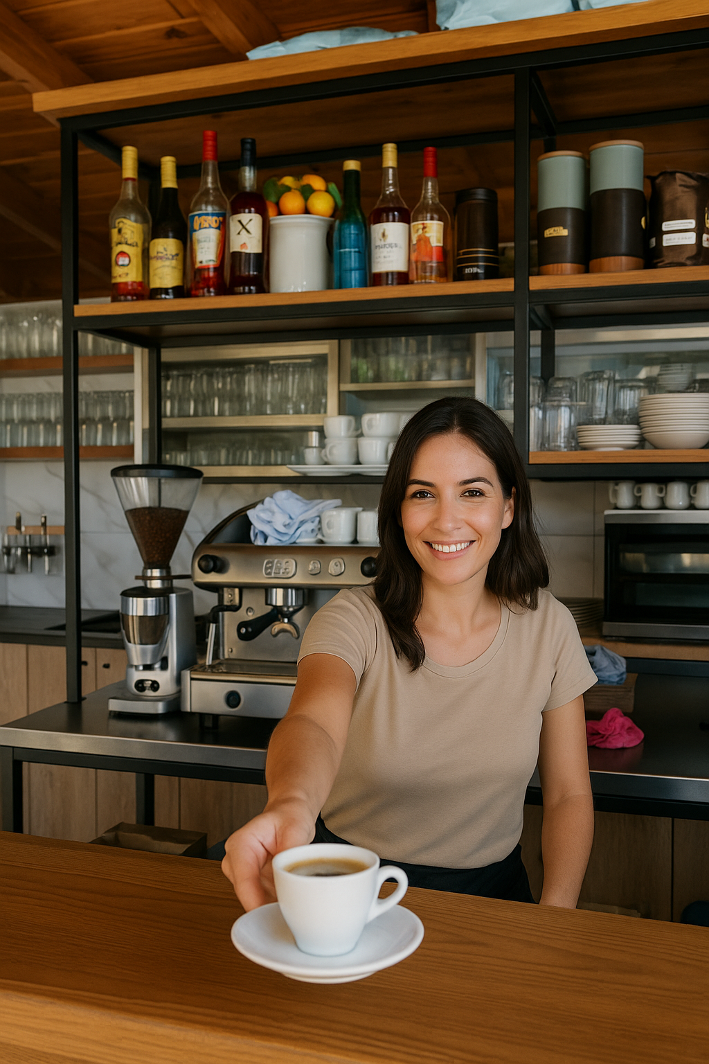 A woman is standing behind a counter holding a cup of coffee.