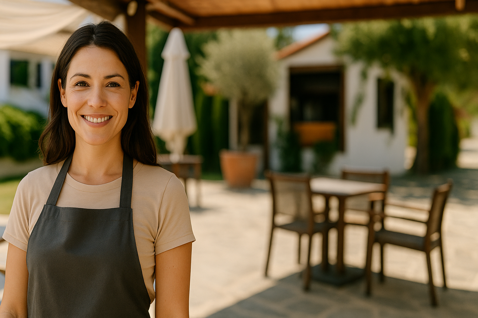 A woman in an apron is standing in front of a restaurant.