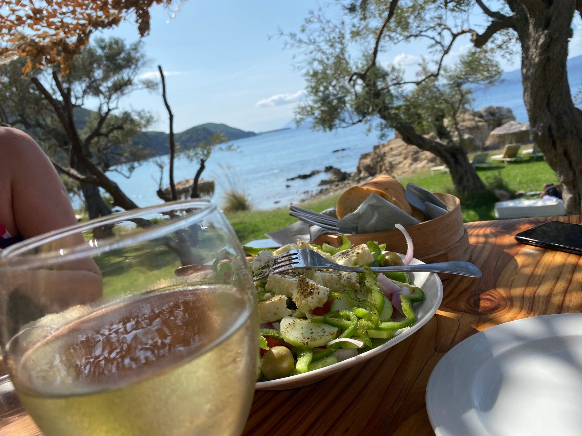A plate of food and a glass of wine on a table with a view of the ocean.