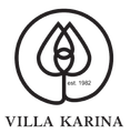 A black and white logo for villa karina with a rose in a circle.