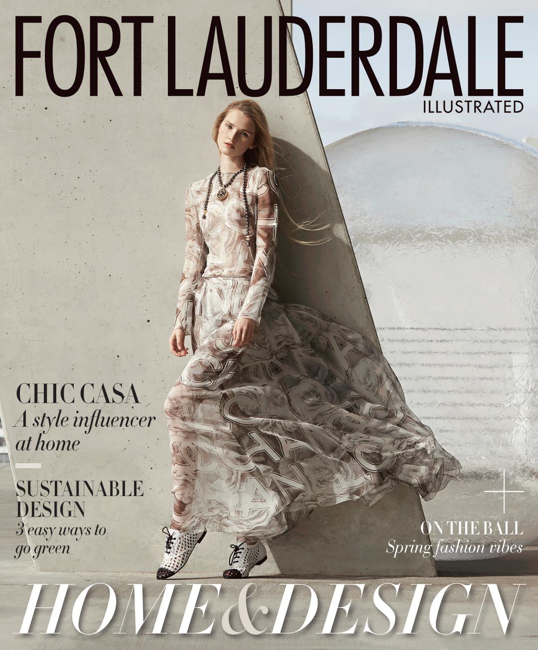 a woman in a white dress is on the cover of fort lauderdale home & design magazine .