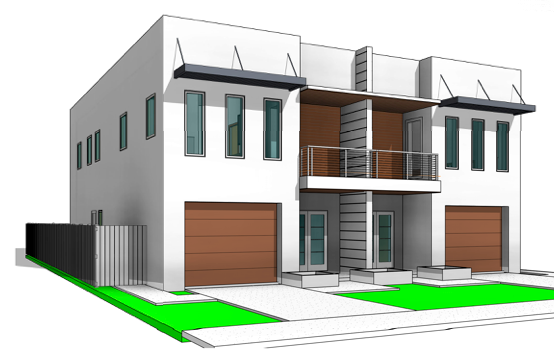 a 3d model of a house with two garages and a balcony
