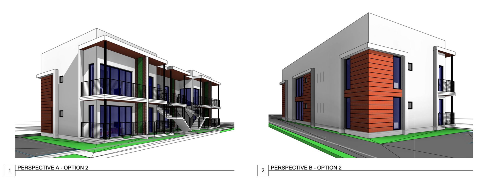 a couple of drawings of a building with a red brick wall .