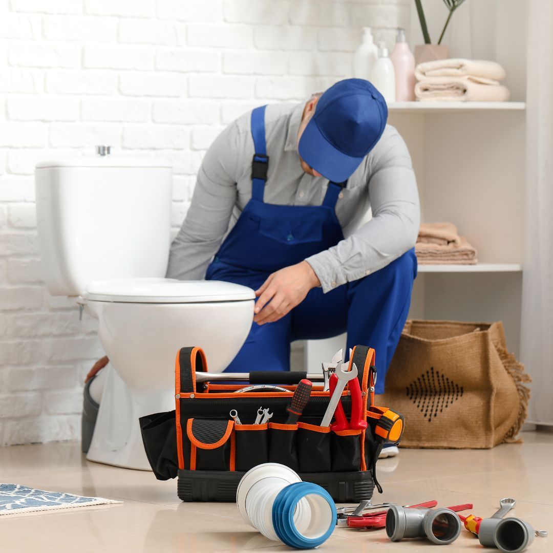 Plumber in blue overalls repairs a toilet, toolbox and plumbing parts on the floor. White brick wall in the background.