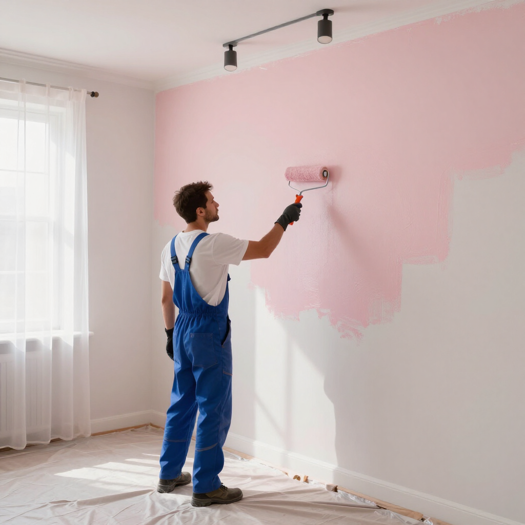 “Interior painter refreshing a room with pink wall paint using a roller from a painting company in West Valley City, UT”