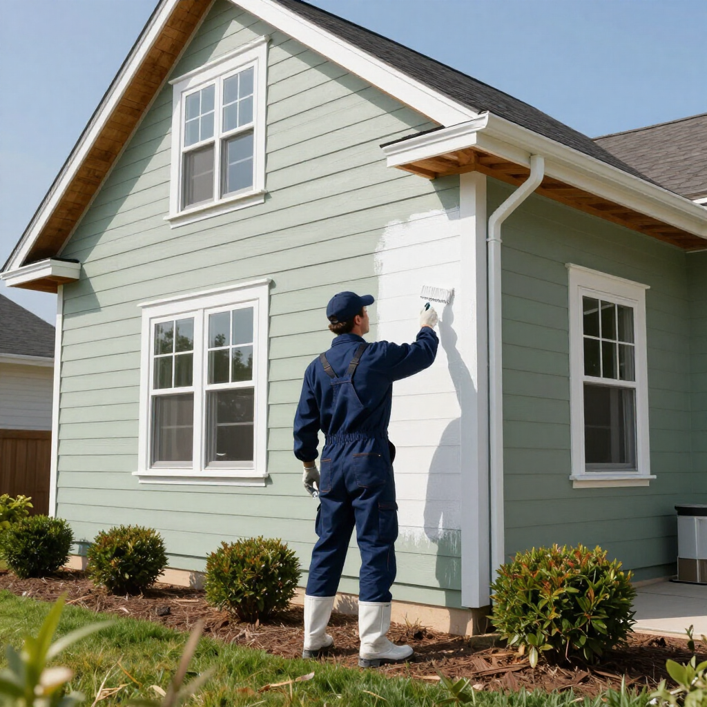 “Painter coating exterior house siding beside white-trimmed windows for a painting company in West Valley City, UT”