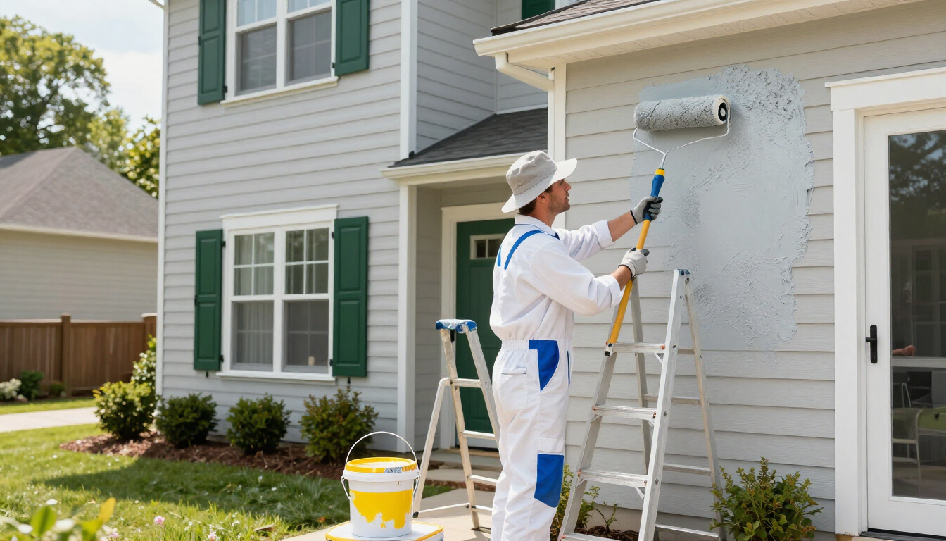 “Exterior painter working from a ladder to refresh white home siding for a painting company in West Valley City, UT”