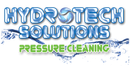 Logo for Hydrotech Solutions Pressure Cleaning with blue, water-textured letters, a stylized water drop, and green text.