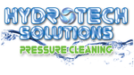 Logo for Hydrotech Solutions Pressure Cleaning with blue, water-textured letters, a stylized water drop, and green text.