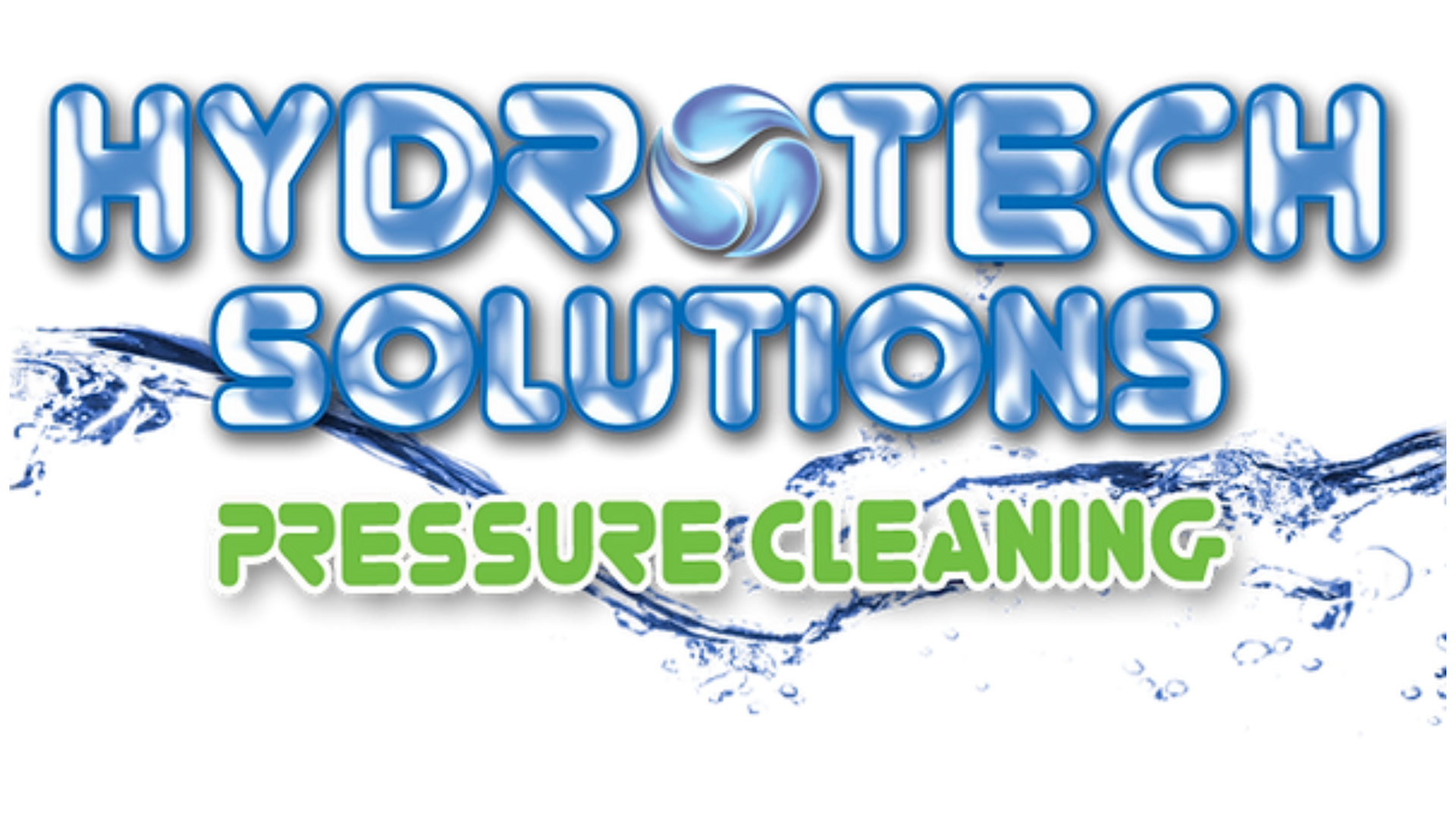 Logo for Hydrotech Solutions Pressure Cleaning with blue, water-textured letters, a stylized water drop, and green text.