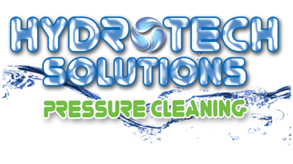 Logo for Hydrotech Solutions Pressure Cleaning with blue, water-textured letters, a stylized water drop, and green text.