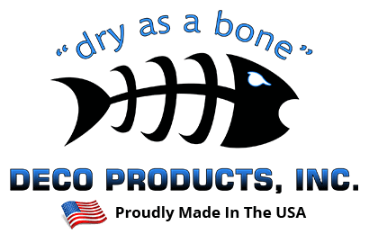 Logo for Deco Products, Inc. featuring a black fish skeleton, the slogan