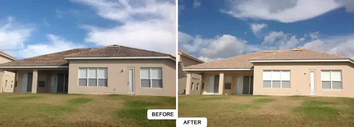 A before and after picture of a house with a roof
