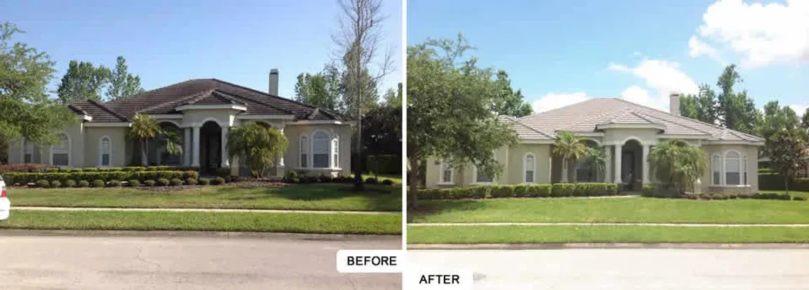 A before and after picture of a house with a car parked in front of it.