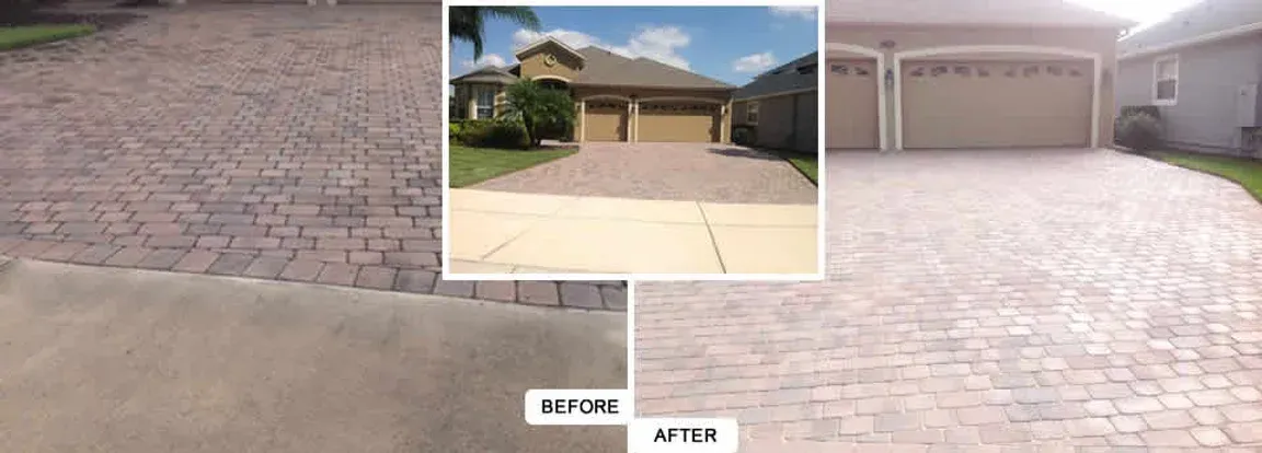 A before and after photo of a driveway and garage.