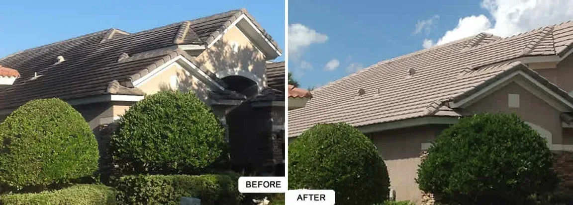 A before and after photo of a house 's roof.