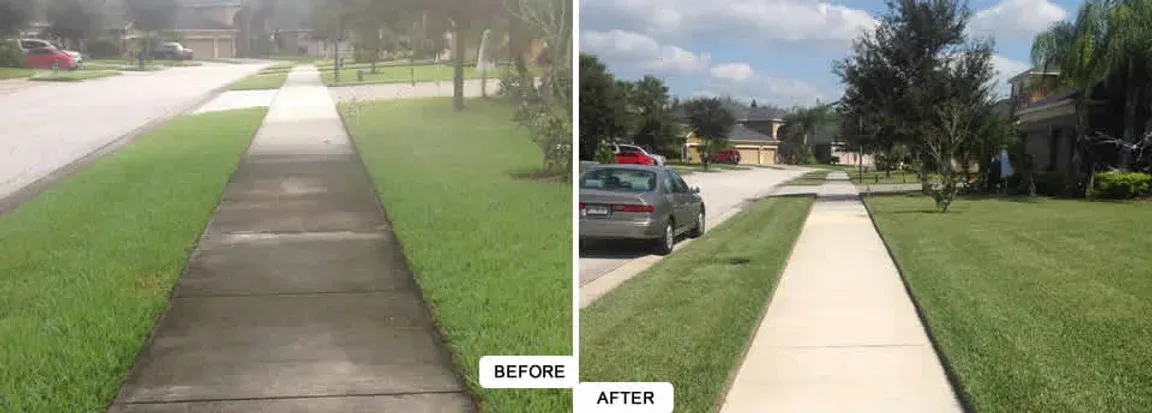 A before and after picture of a sidewalk with a car parked on the side of it.