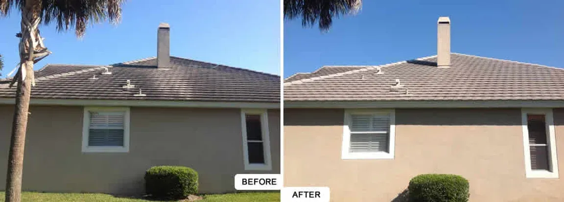 A before and after picture of a house with a chimney on the roof.
