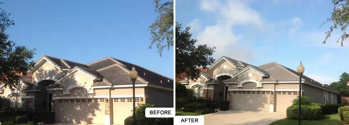 A before and after picture of a house with smoke coming out of the roof.