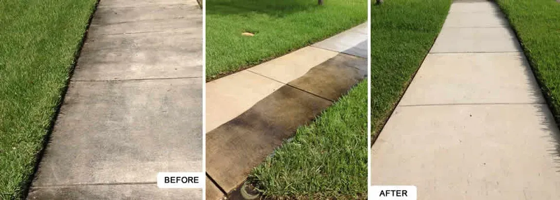A before and after photo of a sidewalk being cleaned.