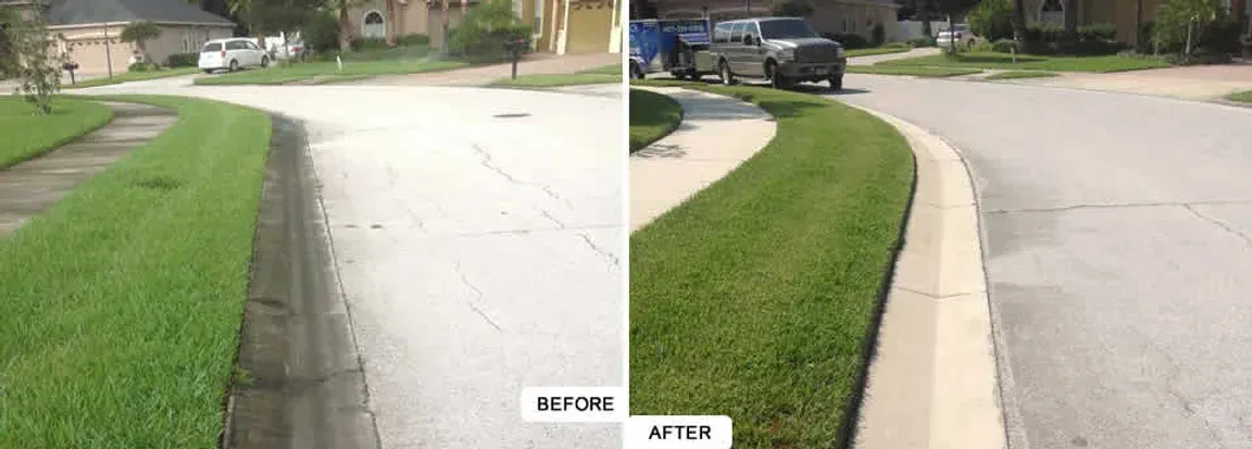A before and after photo of a curb and grass.