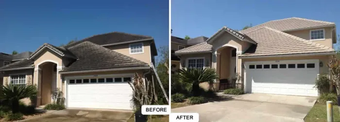 Before and after comparison of a house exterior showing a roof cleaned of dark stains.