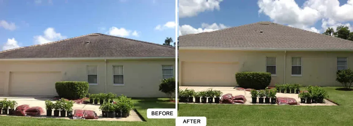 A before and after picture of a house 's roof