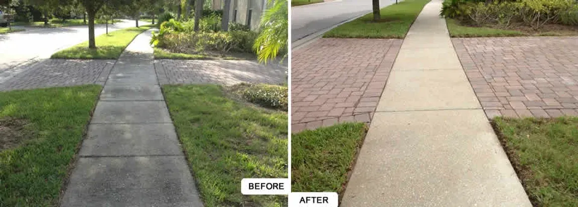 A before and after photo of a sidewalk and driveway.