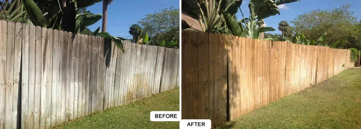 A before and after photo of a wooden fence.