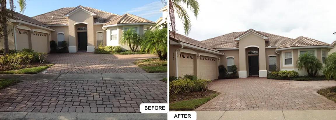 A before and after picture of a house with a brick driveway.