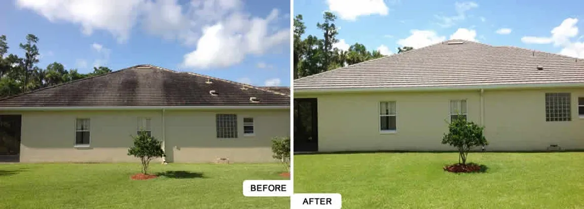 A before and after picture of a house with a tree in front of it.
