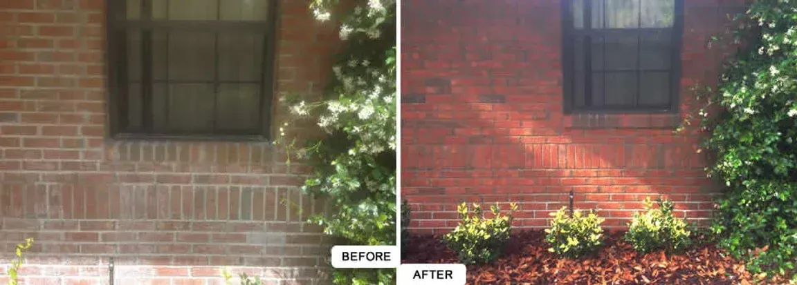 A before and after picture of a brick wall with a window.