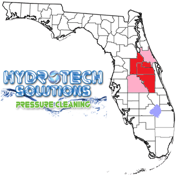 Hydrotech Solutions Pressure Cleaning logo overlaying a map of Florida with specific counties highlighted in red and pink.