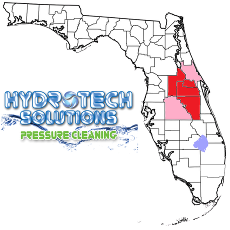 Hydrotech Solutions Pressure Cleaning logo overlaying a map of Florida with specific counties highlighted in red and pink.