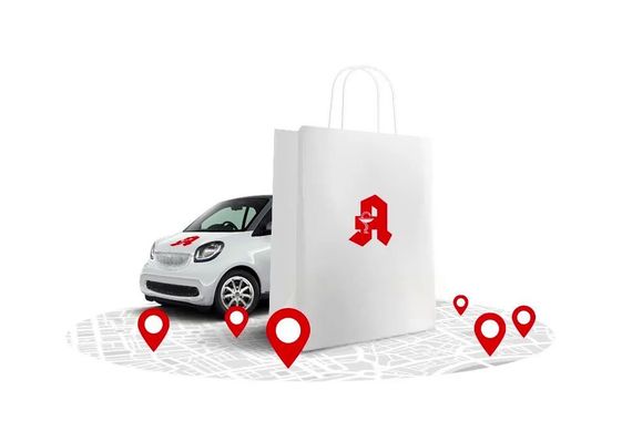 Weißes Auto und Tasche mit rotem Apothekensymbol; Standortmarkierungen auf der Karte weisen auf den Lieferservice hin.